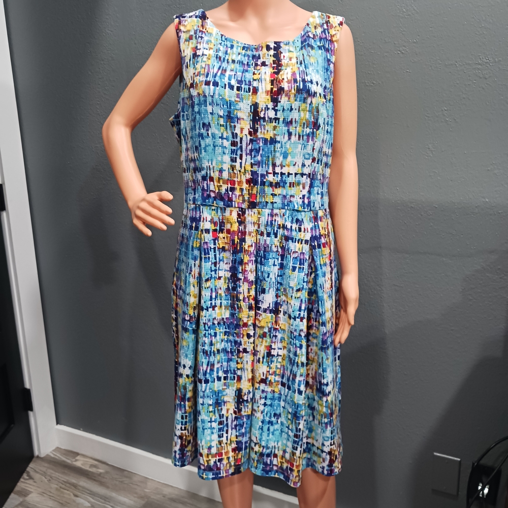 Ellen Tracy Sleeveless Blue Multi-Color Pleated  Midi Dress Women's Plus Size 16